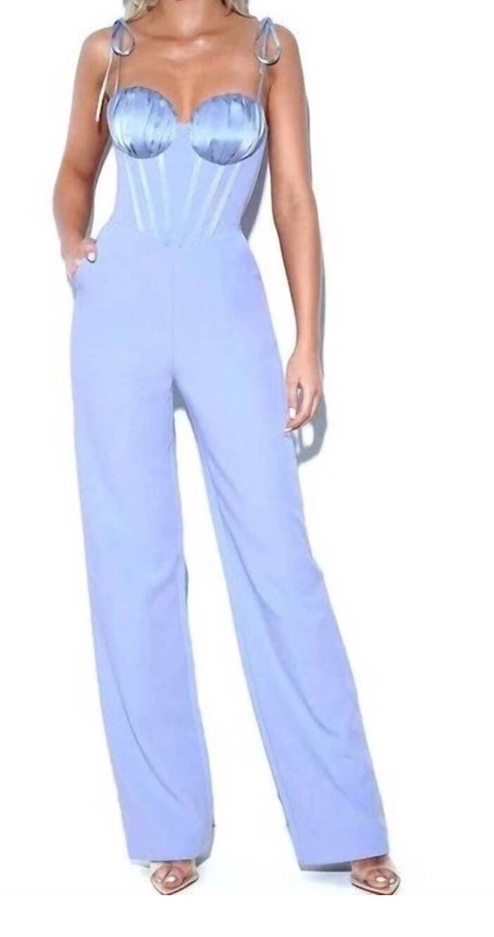 NWT Miss Circle Sarina Baby Blue Satin Corset Jumpsuit - Size Small